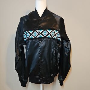 Women's Black Satin Bomber Jacket with Blue Geometric Pattern
